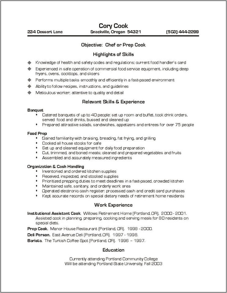 List Of Cooking Skills For Resume