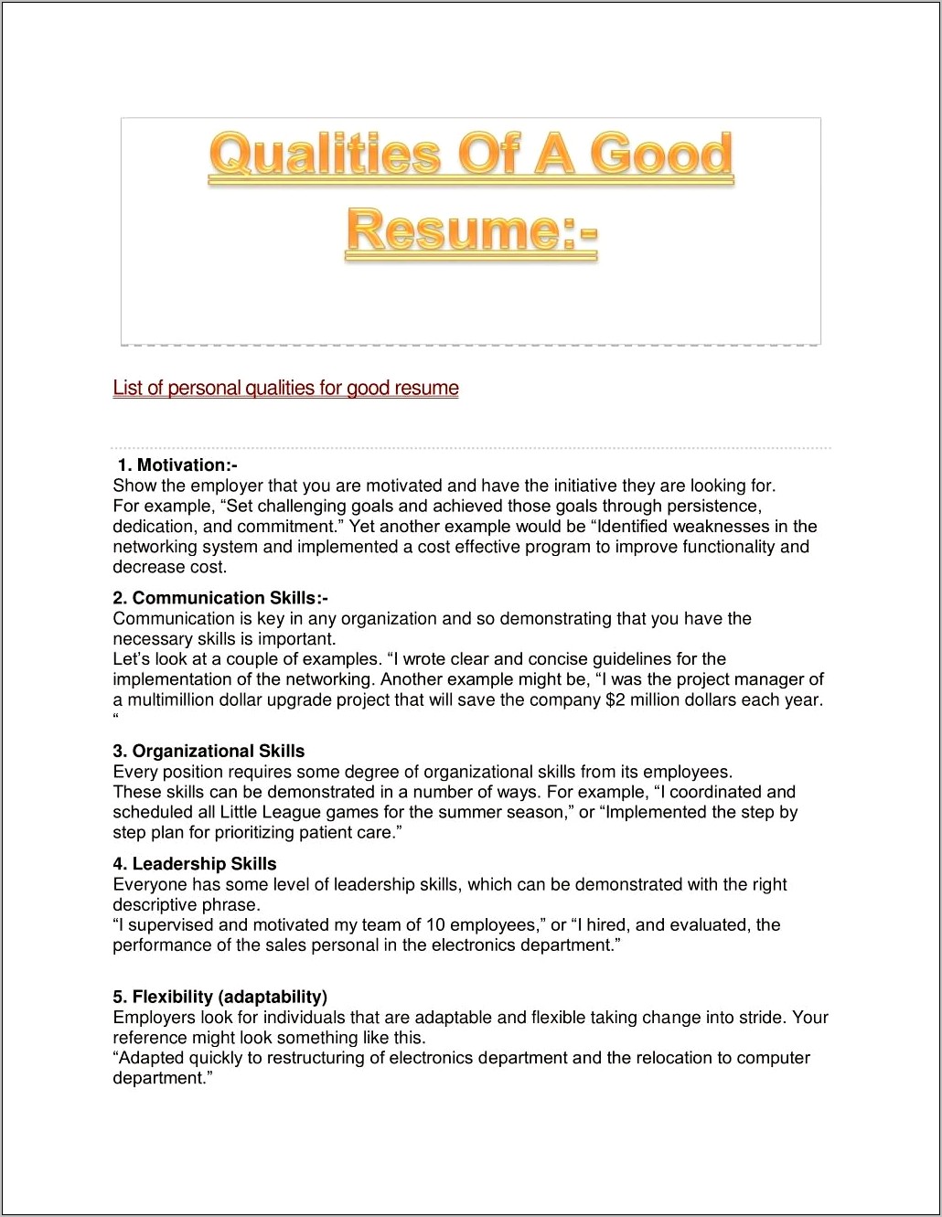 List Of Good Attributes For A Resume