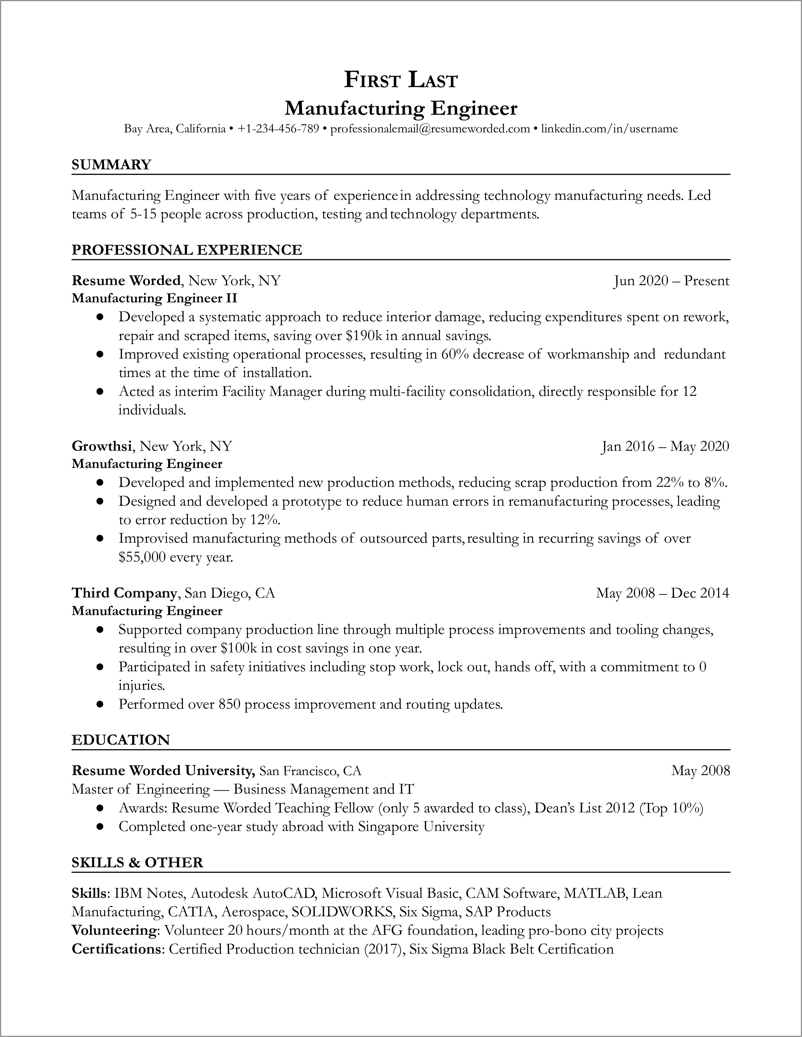 List Of Manufacturing Skills For Resume