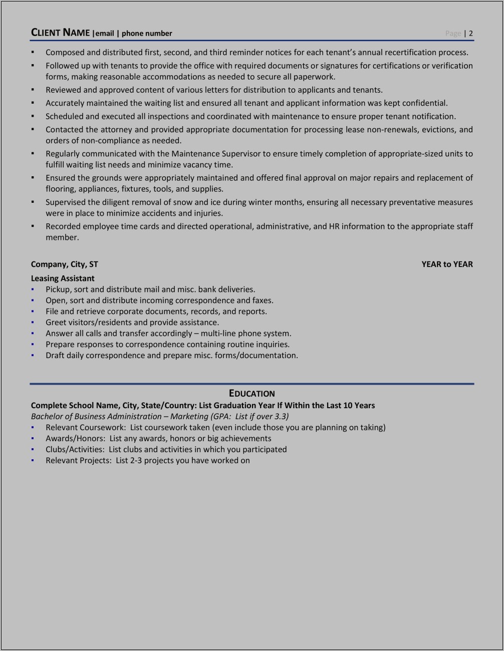 List Of Property Manager Duties For Resume