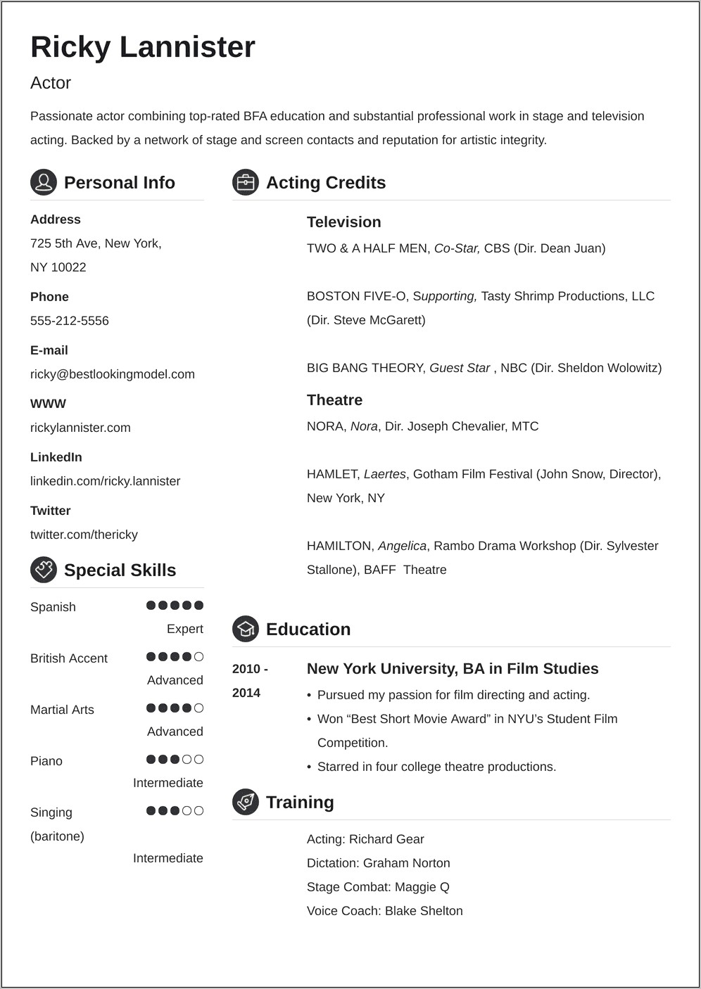 List Of Special Skills For Actor Resume