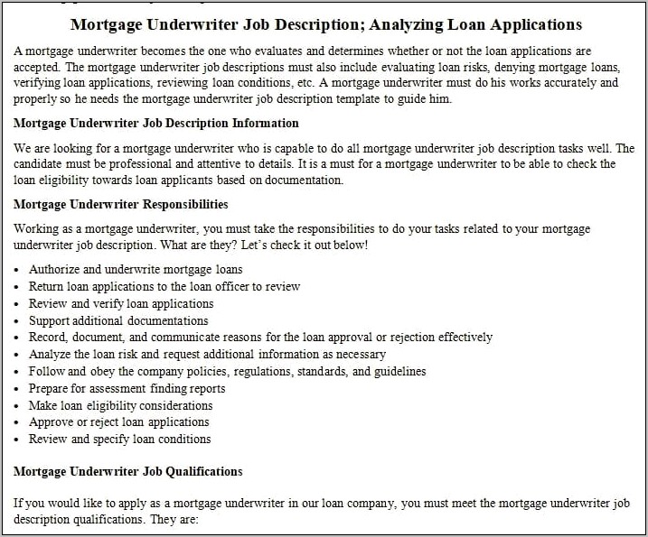 Loan Underwriter Job Description For Resume