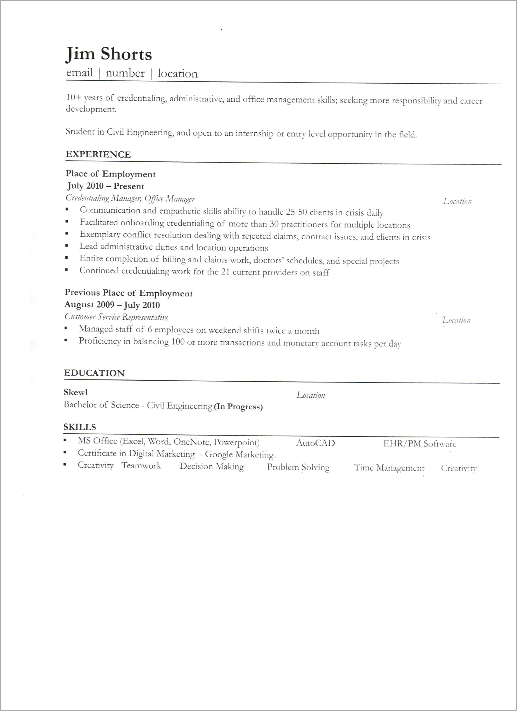 Location Of Old Work On Resume