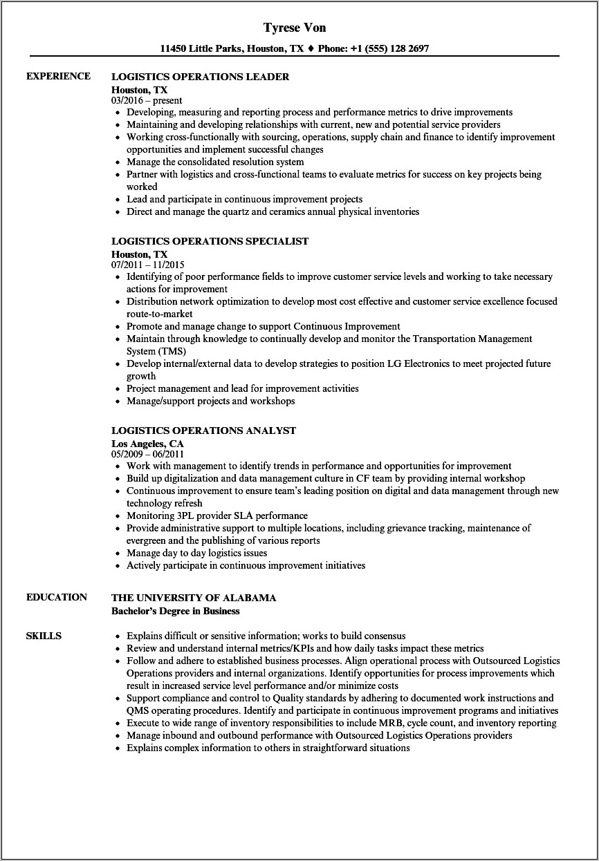 Logistic Operations Manager Objectives For Resume