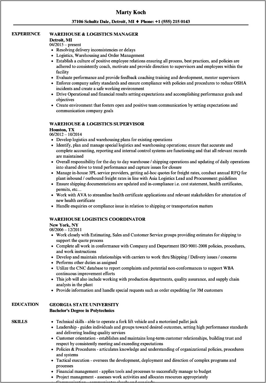 Logistics And Supply Chain Manager Resume
