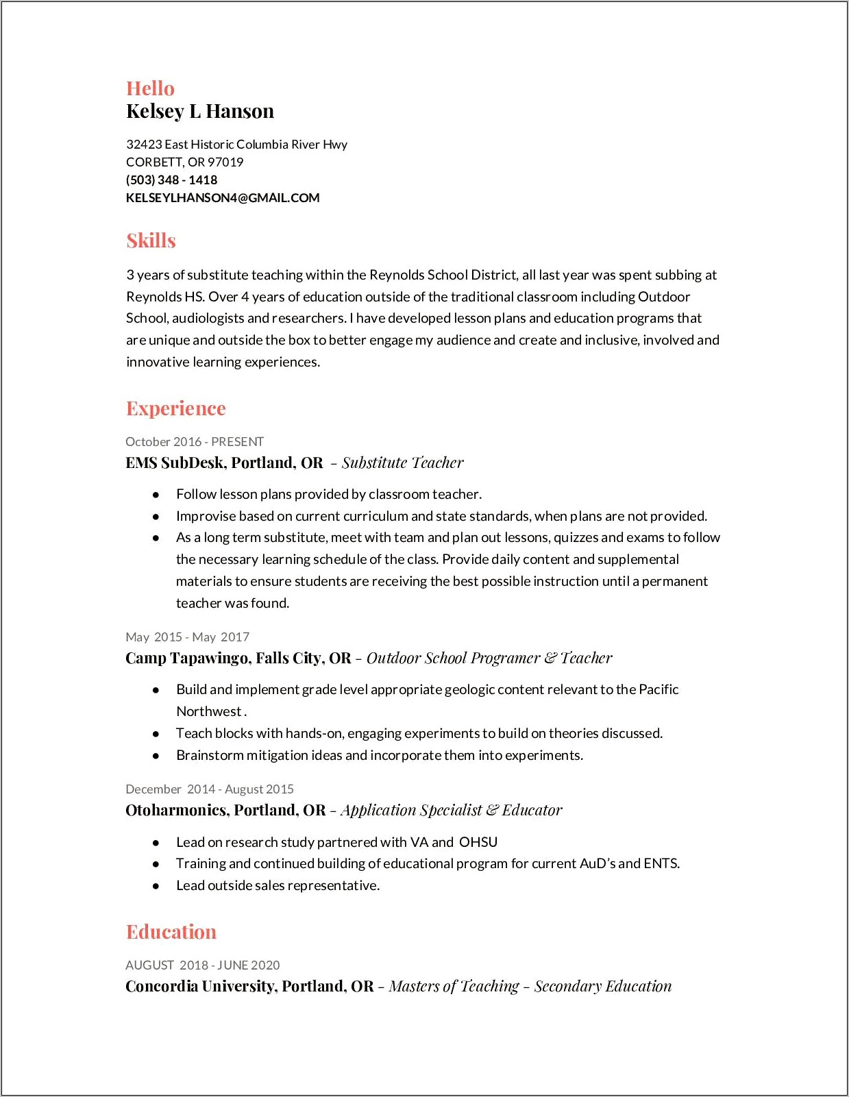 Long Term Sub Experience In Resume