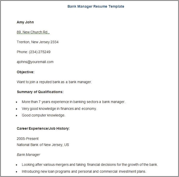 Looking For Personal Banker Position Resume Template