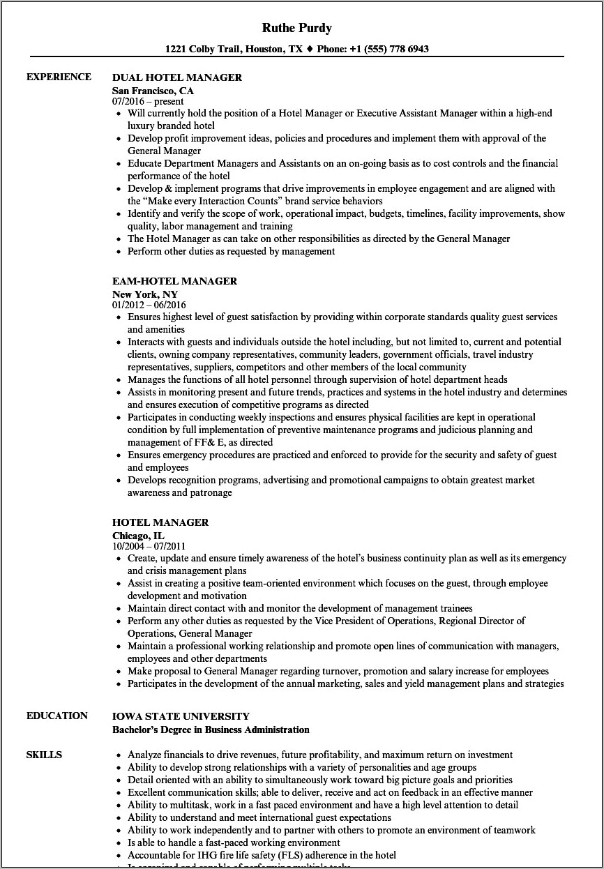 Luxury Hotel General Manager Resume