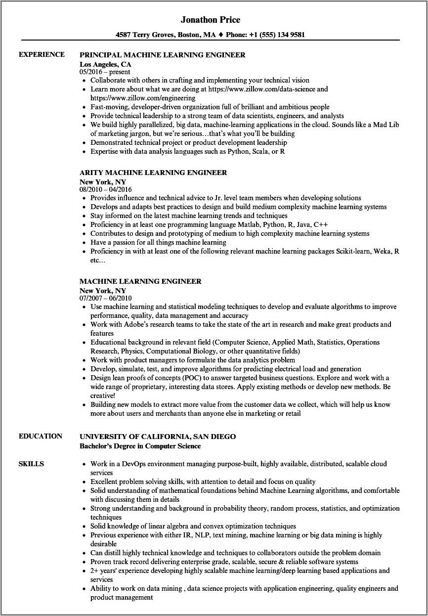 Machine Learning Electrical Resume Samples Entry Level