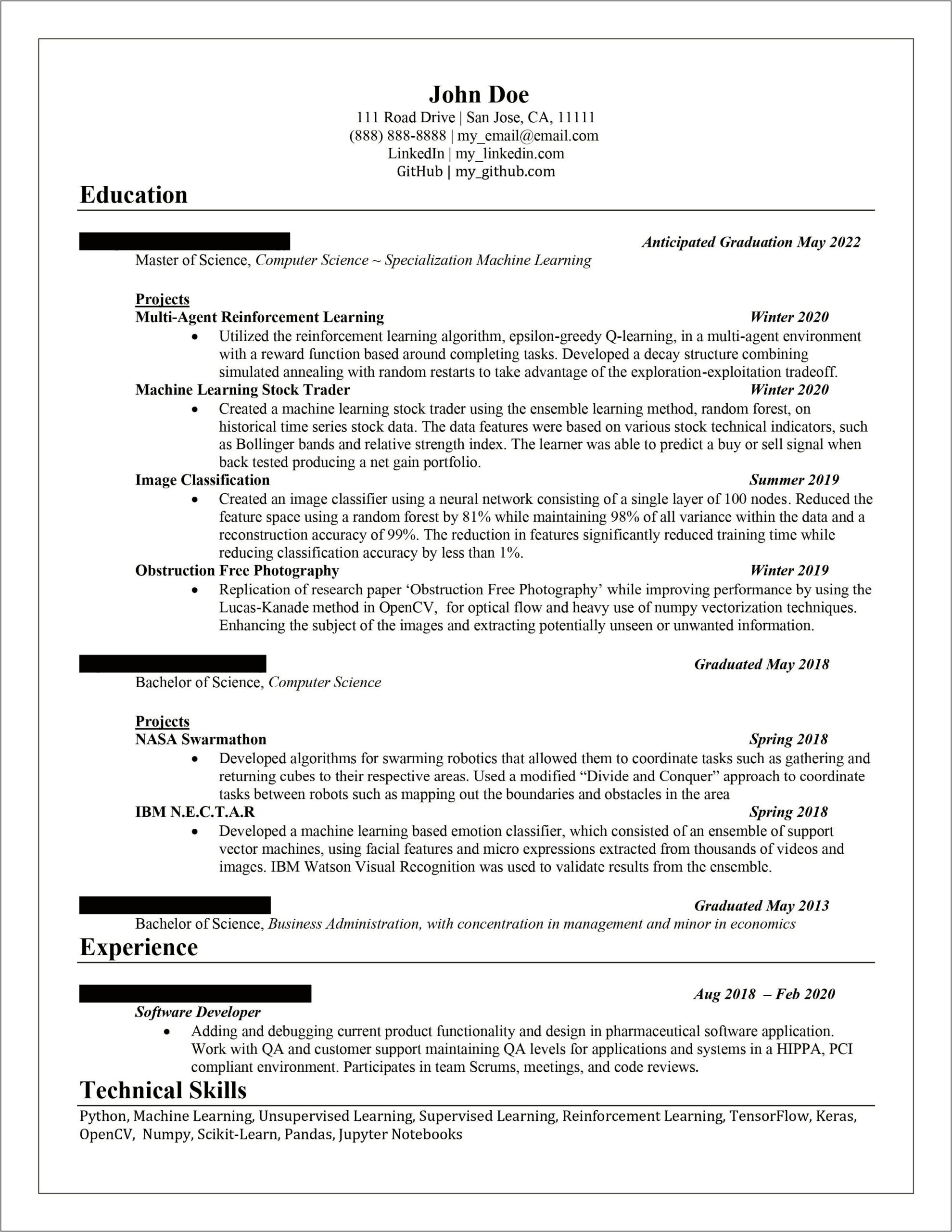 Machine Learning Entry Level Jobs Resume