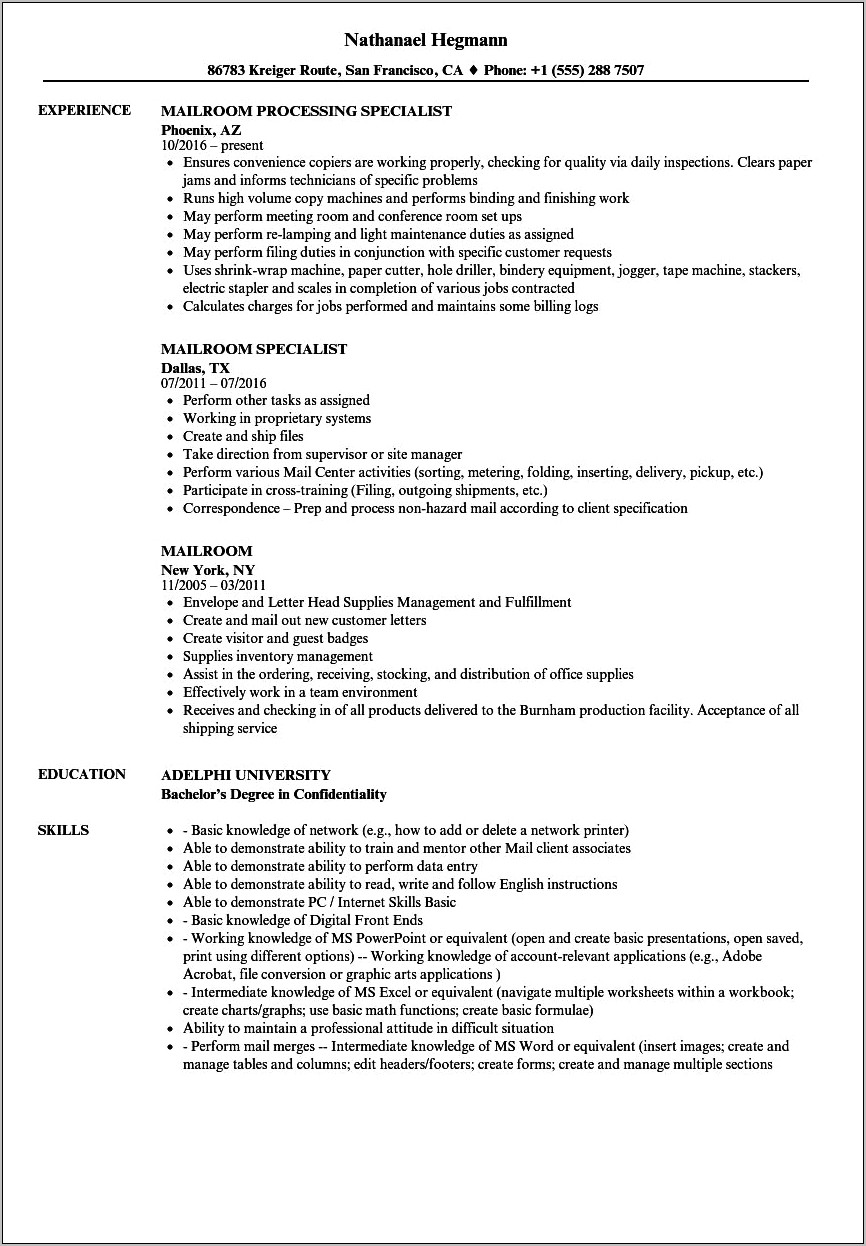Mailroom Manager Job Description Resume