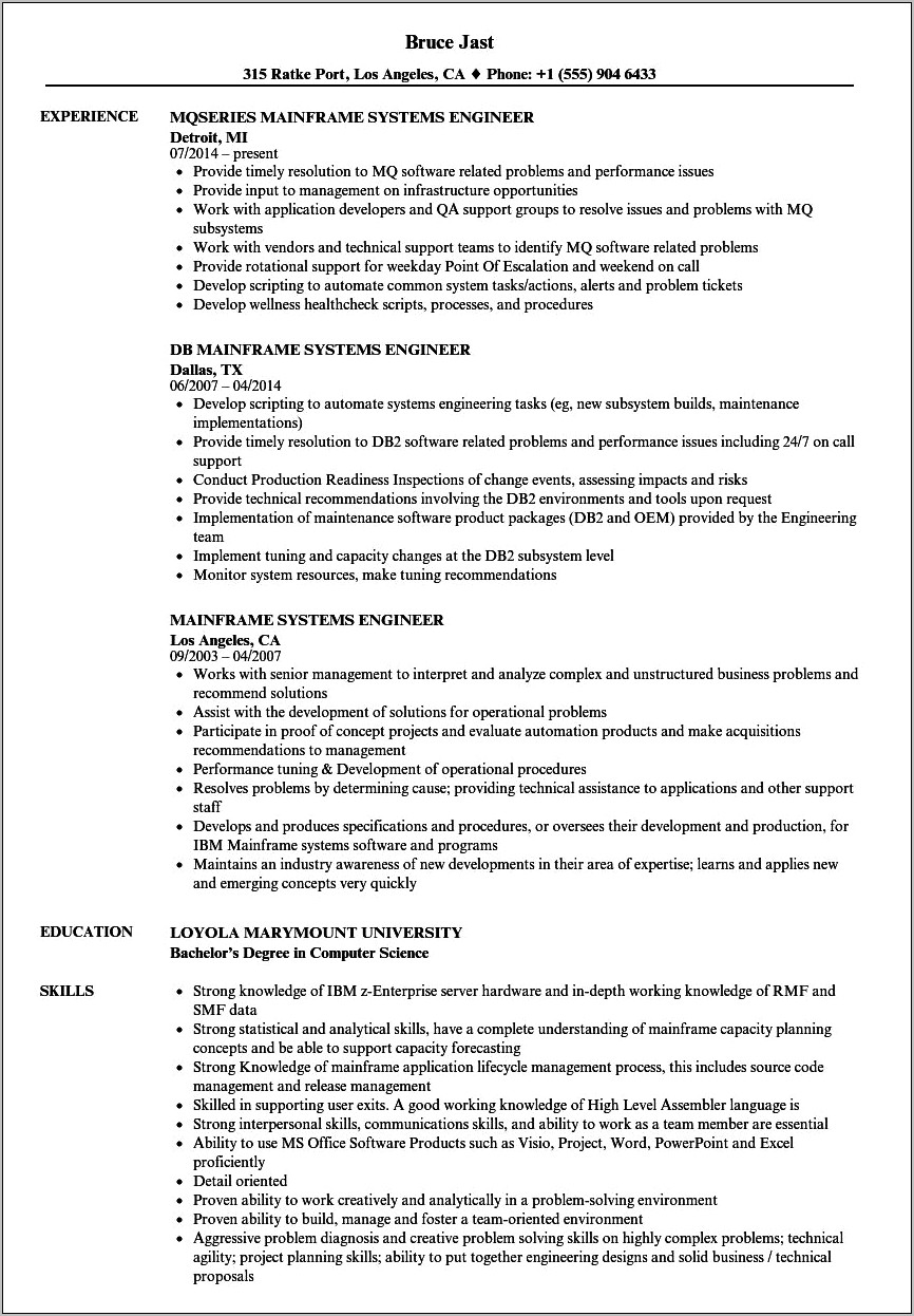 Mainframe Resume For 8 Years Experience
