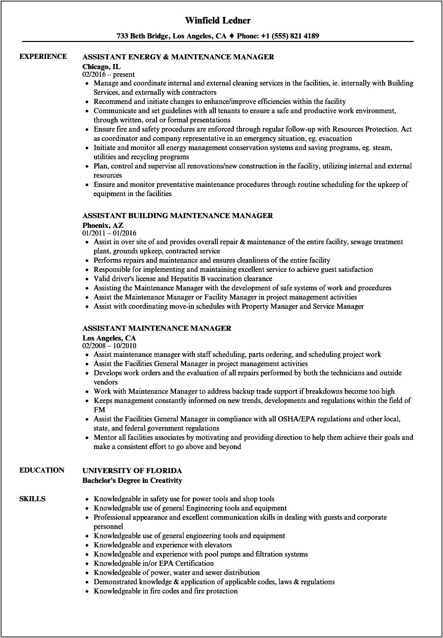 Maintenance Assistant Job Description For Resume