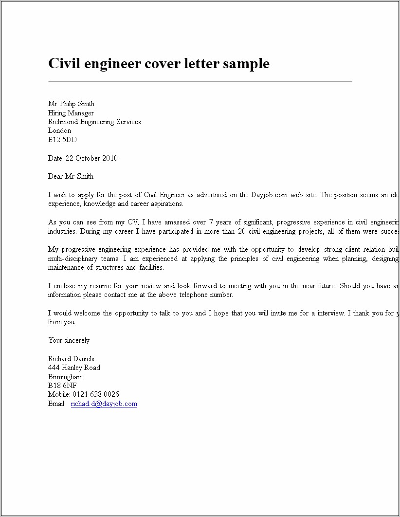 Maintenance Engineer Cover Letter For Resume