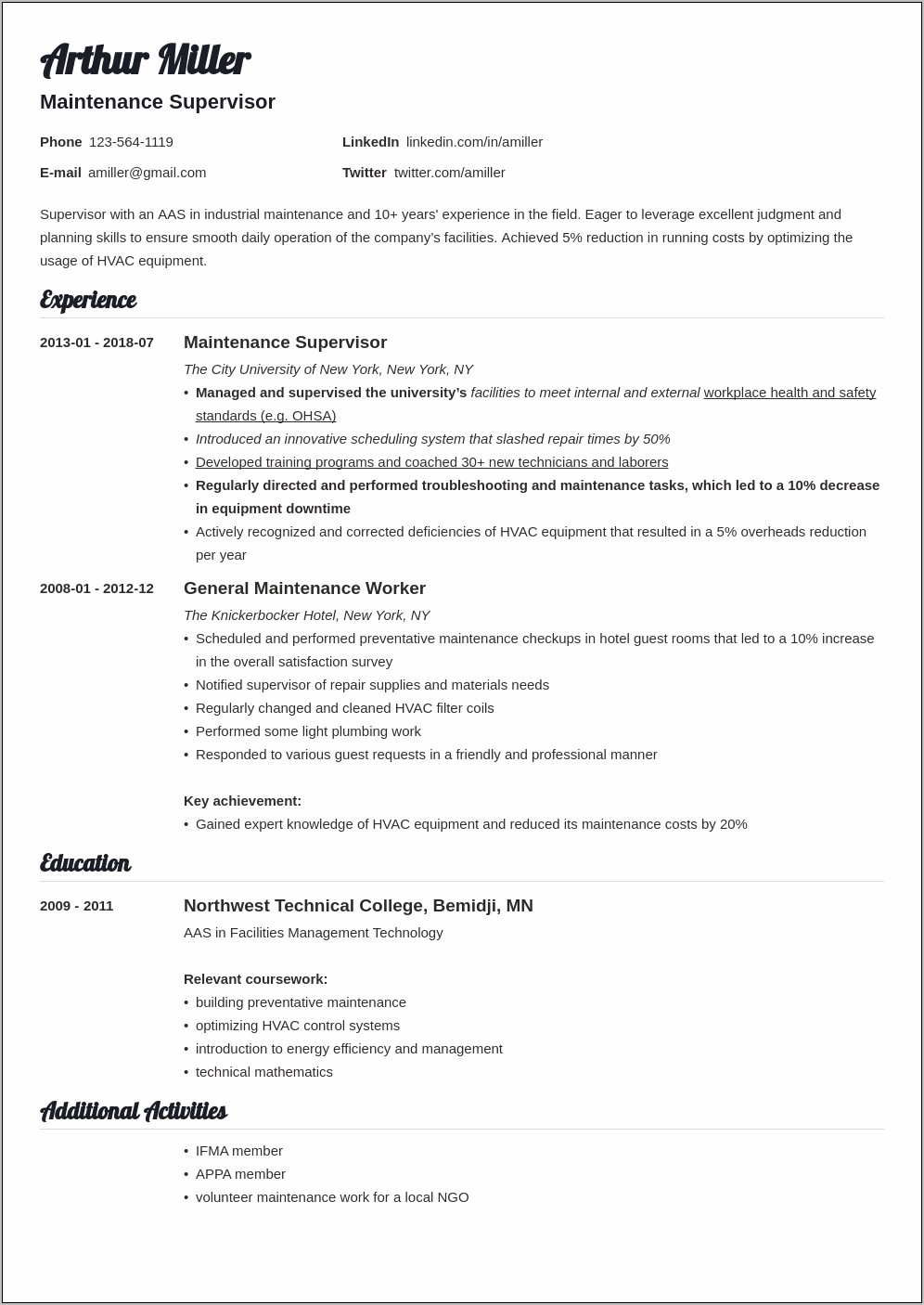 Maintenance Supervisor Resume Summary Of Qualifications