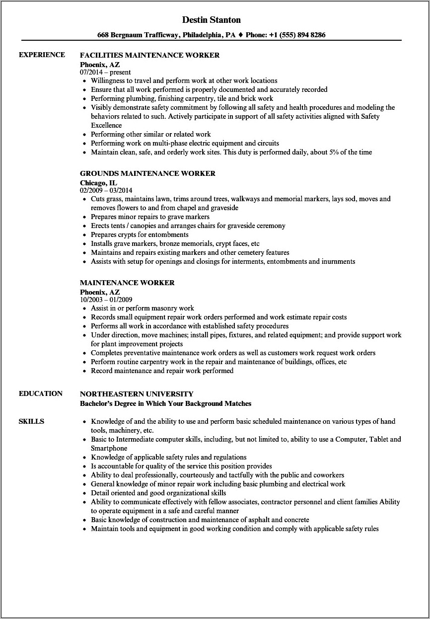 Maintenance Worker Job Description Resume