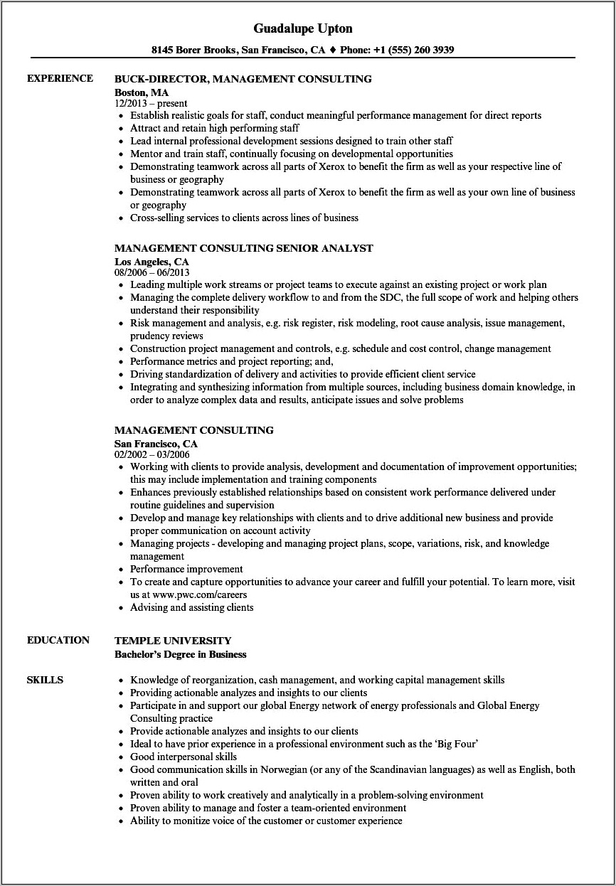 Management Consulting Experience On Resume
