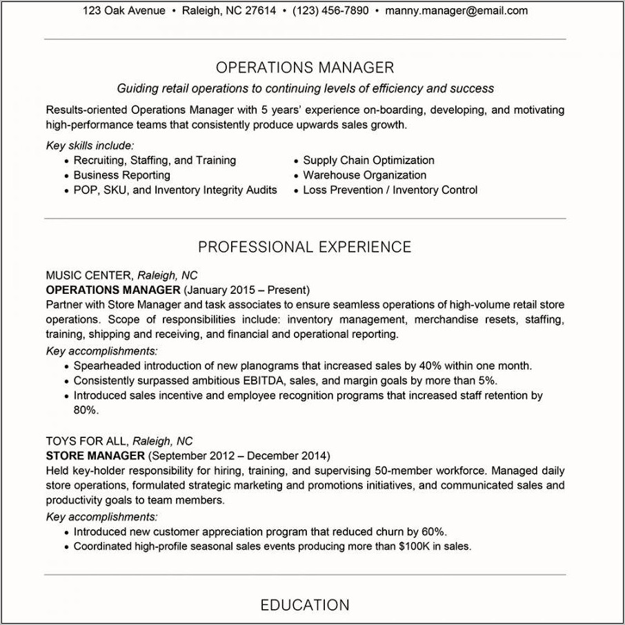 Management Position Professional Summary For Resume
