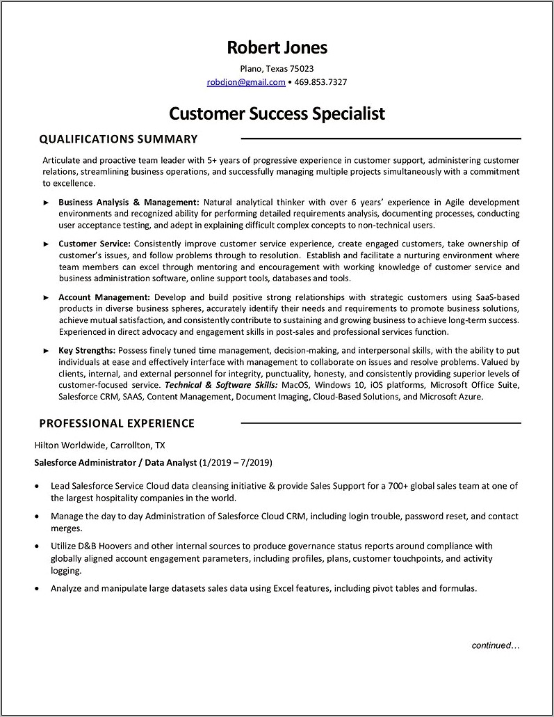 Manager Of Customer Success Resume Summary