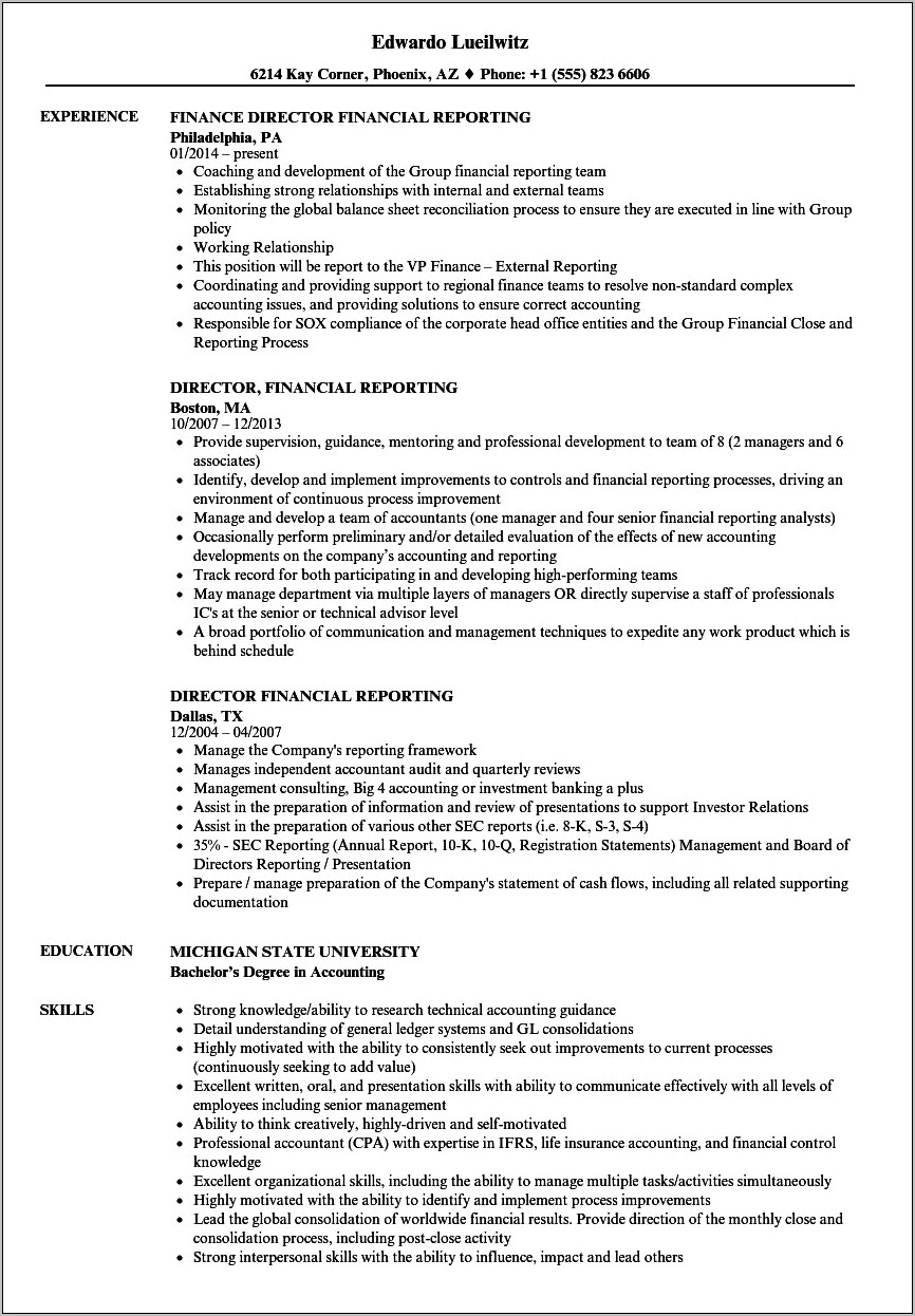 Manager Of External Reporting Resume Examples