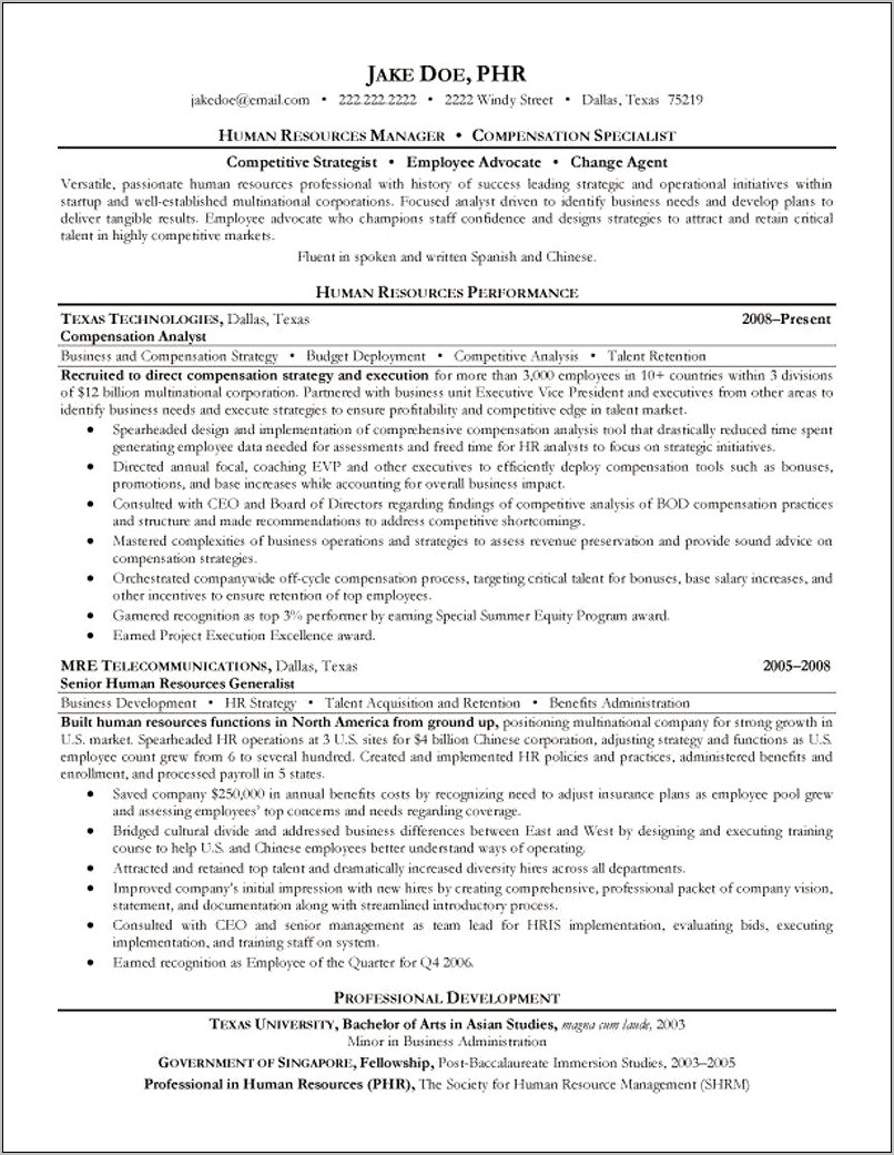 Manager Of Human Resources Resume