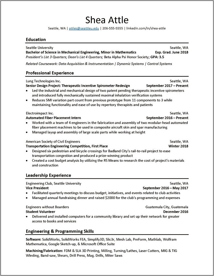 Manager Of Senior Design Project Engineering Resume