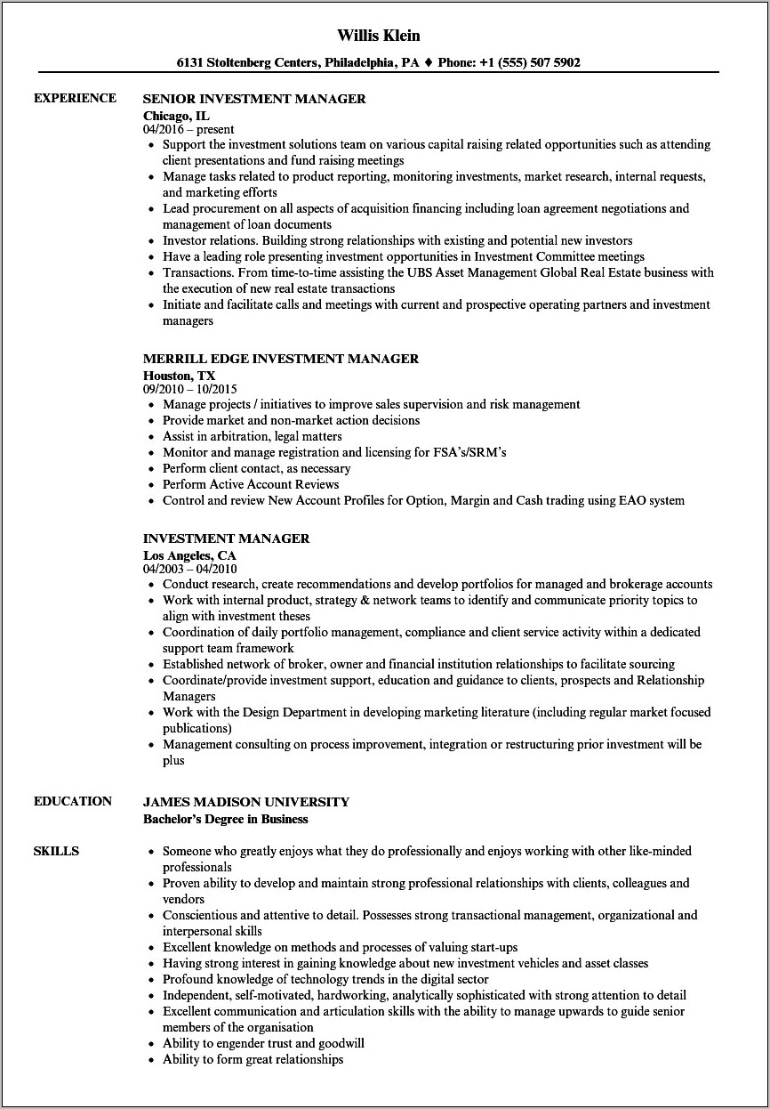 Managing Director Head Of Investments Resume