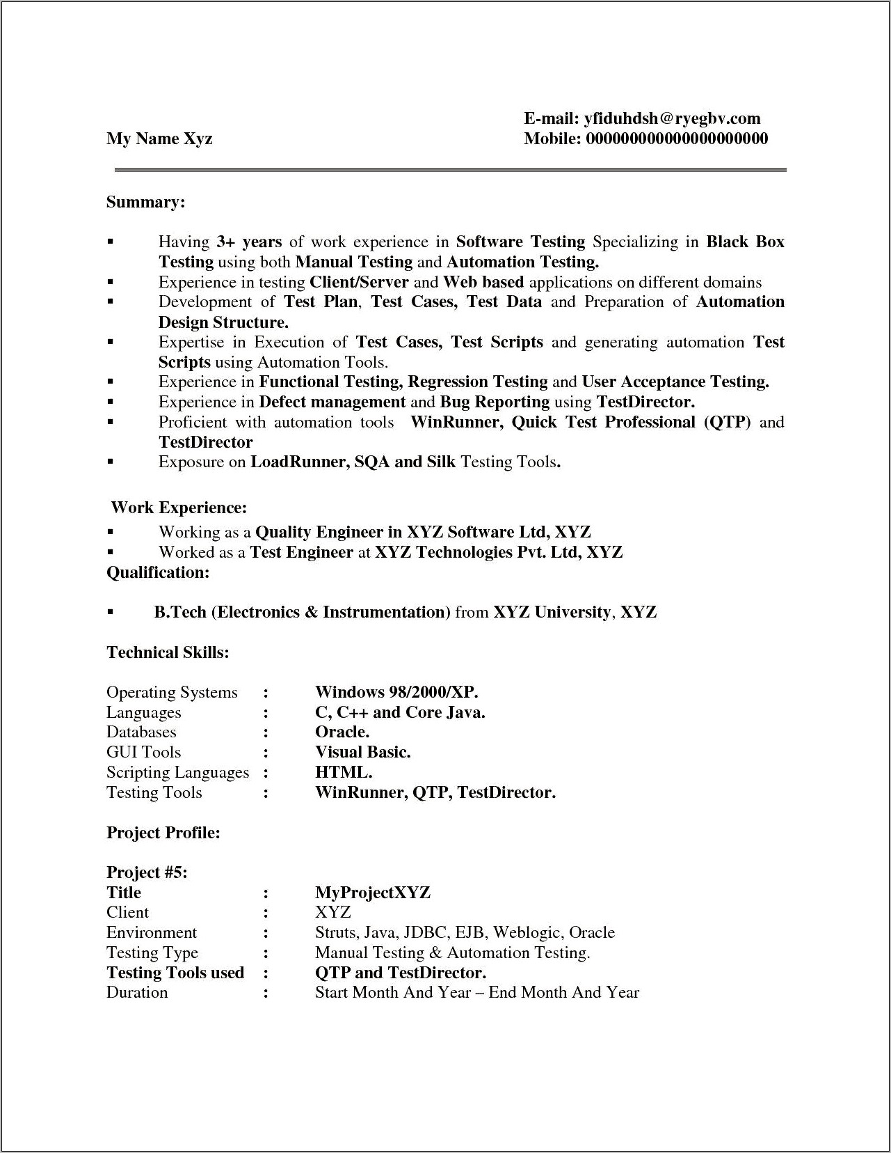 Manual Testing Resume Sample For 5 Years Experience