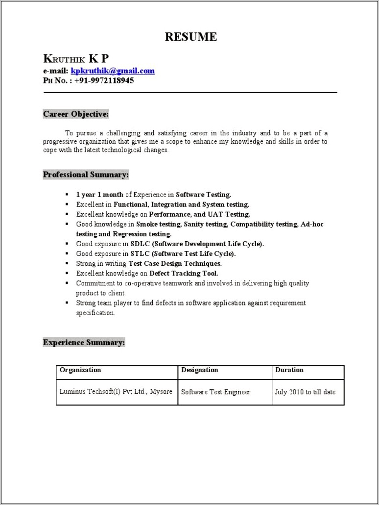 Manual Testing Resume Sample For Two Years Experience