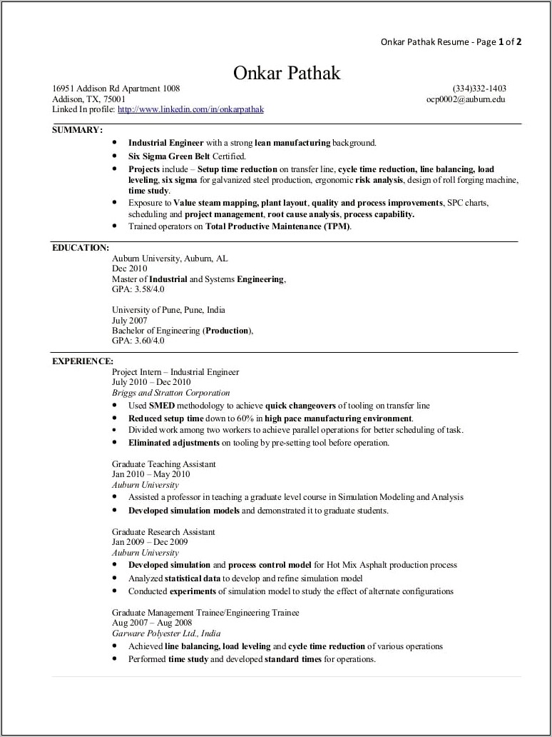 Manufacturing And Production Engineer Resume Samples