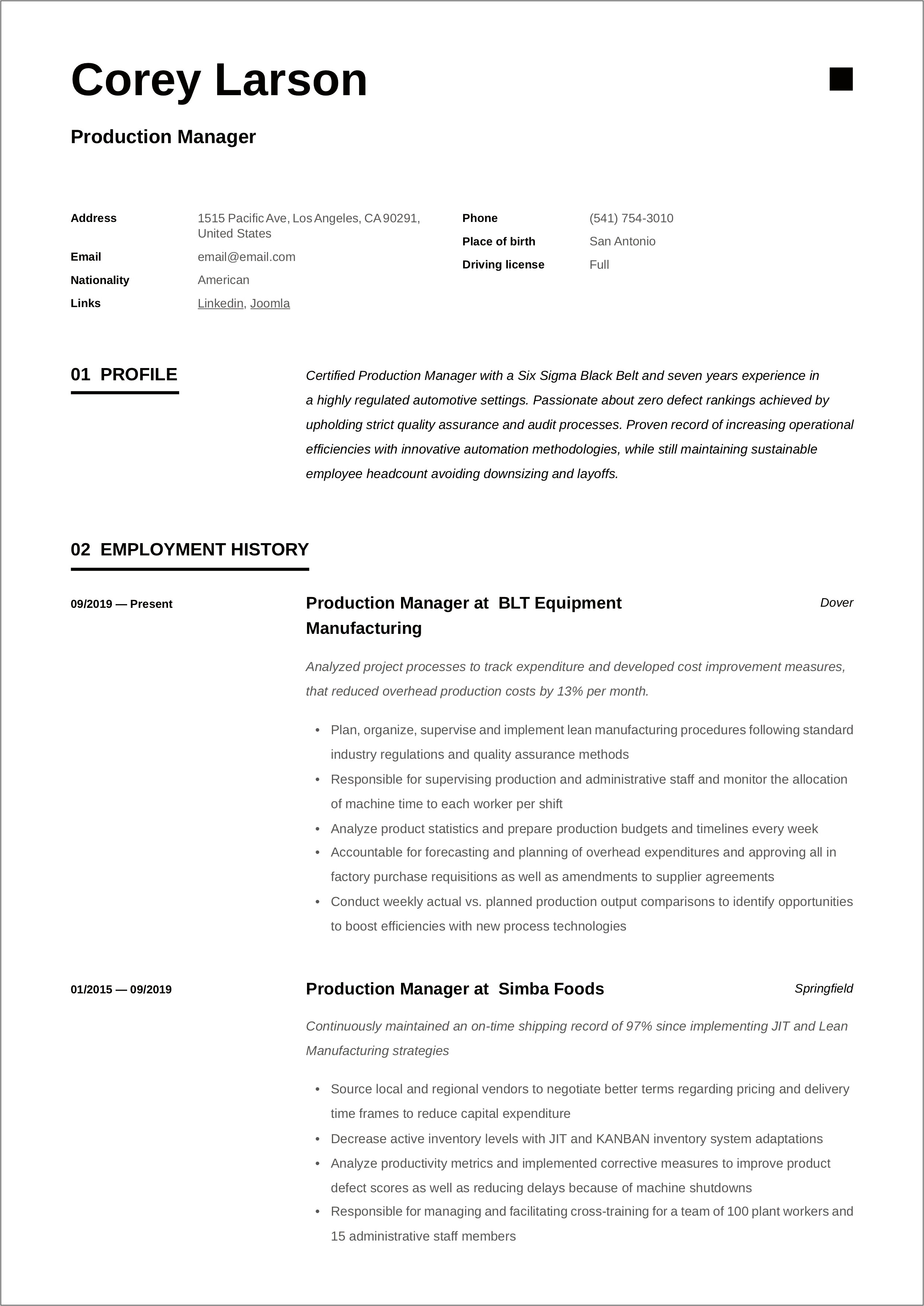 Manufacturing Operations Manager Job Description For Resume