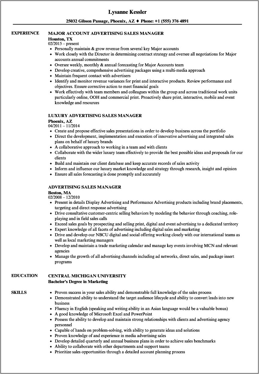 Marketing And Sales Manager Sample Resume