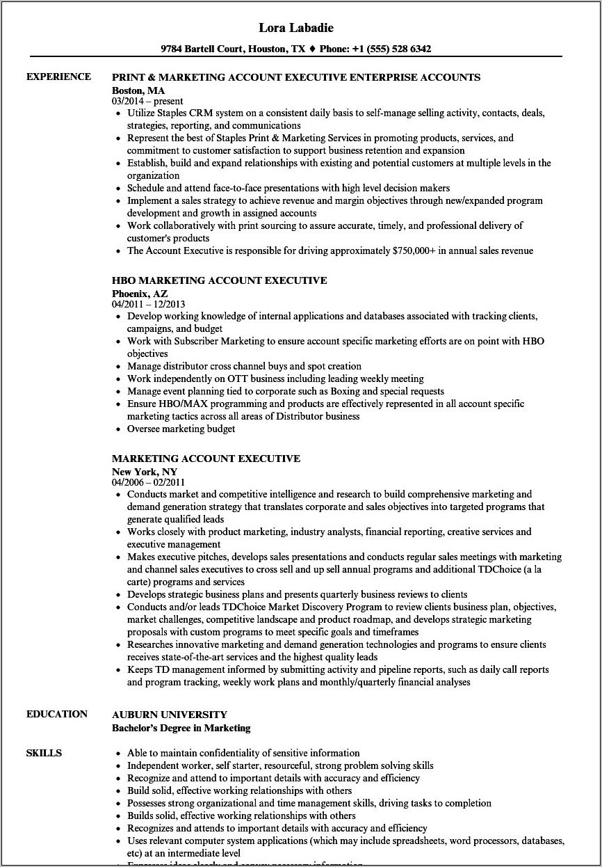Marketing Executive Job Description For Resume