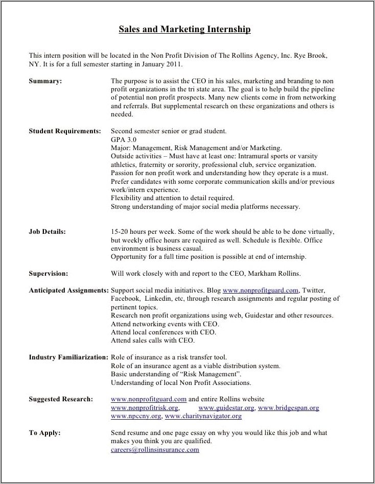 Marketing Intern Job Description Resume