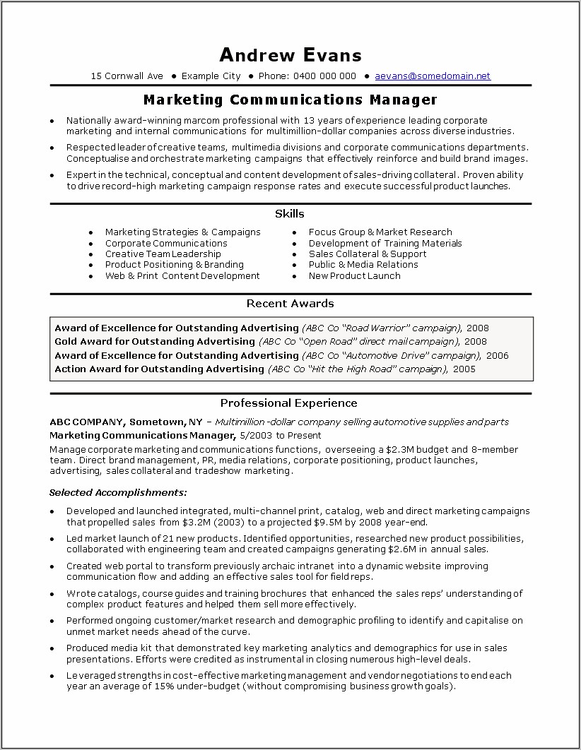 Marketing Manager Resume Examples Marketing Budget