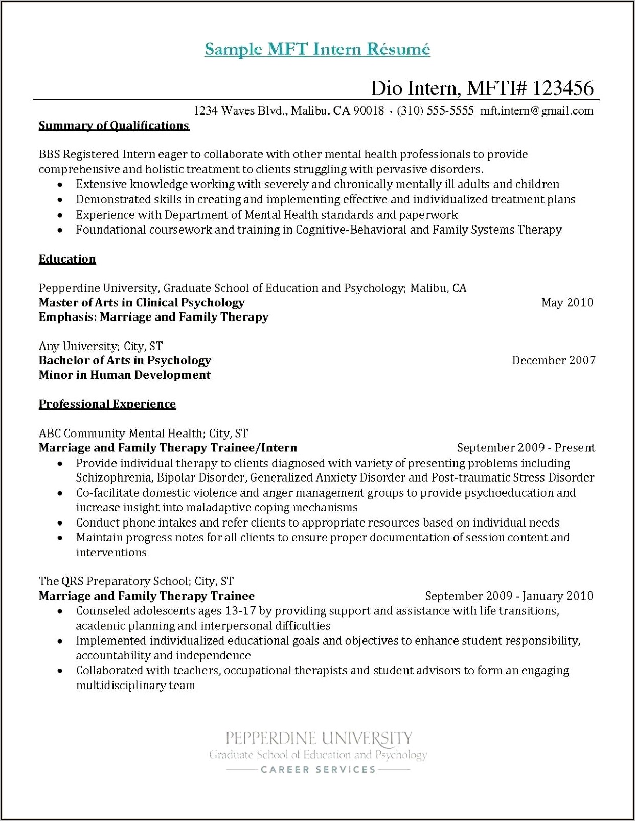 Marriage And Family Therapist Example Resume