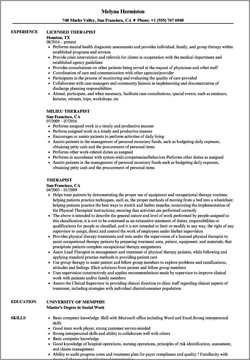 Marriage And Family Therapist Resume Example