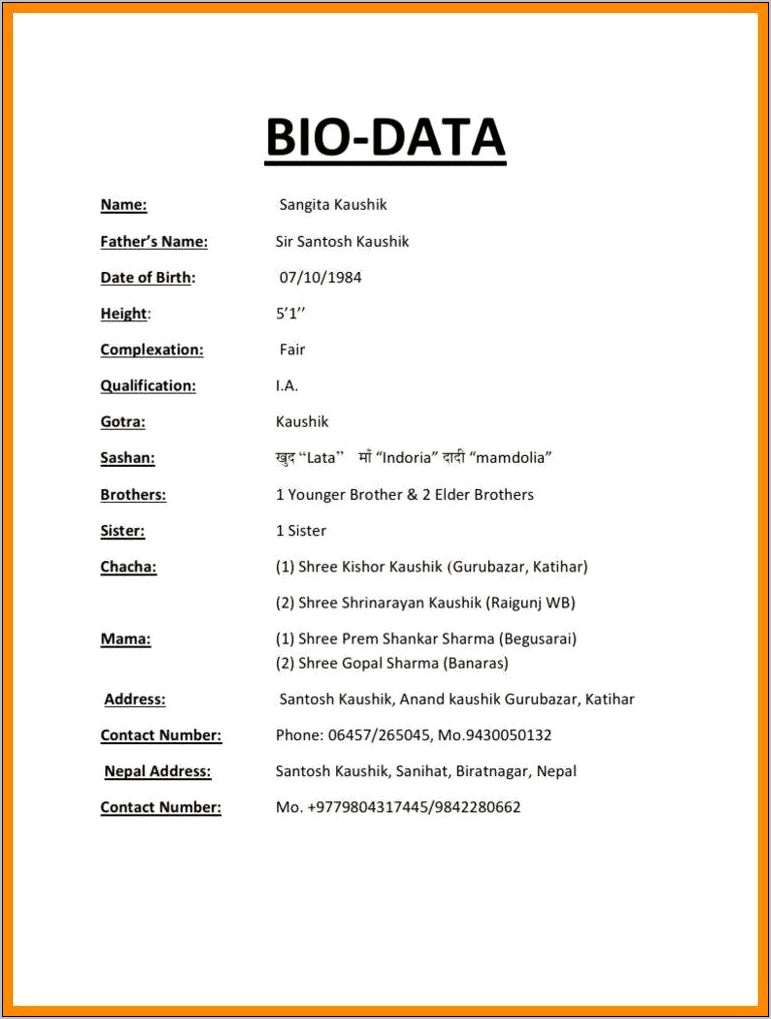 Marriage Resume Format Word File Download