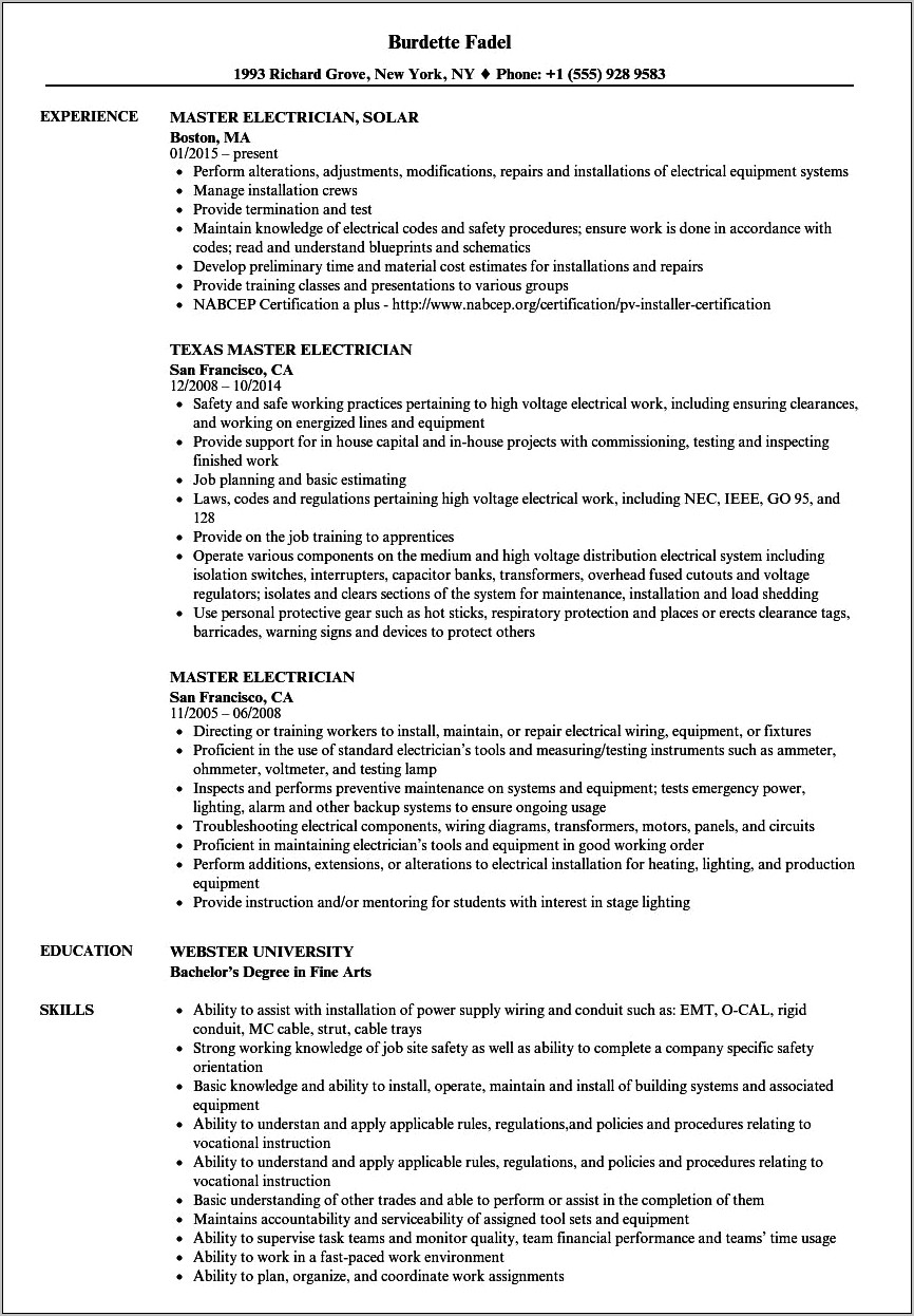 Master Electrician Resume Template Microsoft Word