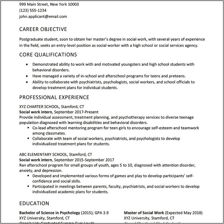 Master Of Social Work Applicant Resume Example