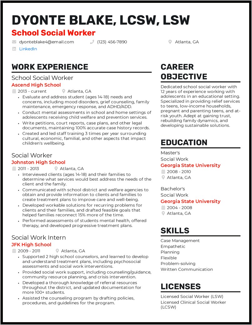 Master Of Social Work Applicant Resume Sample