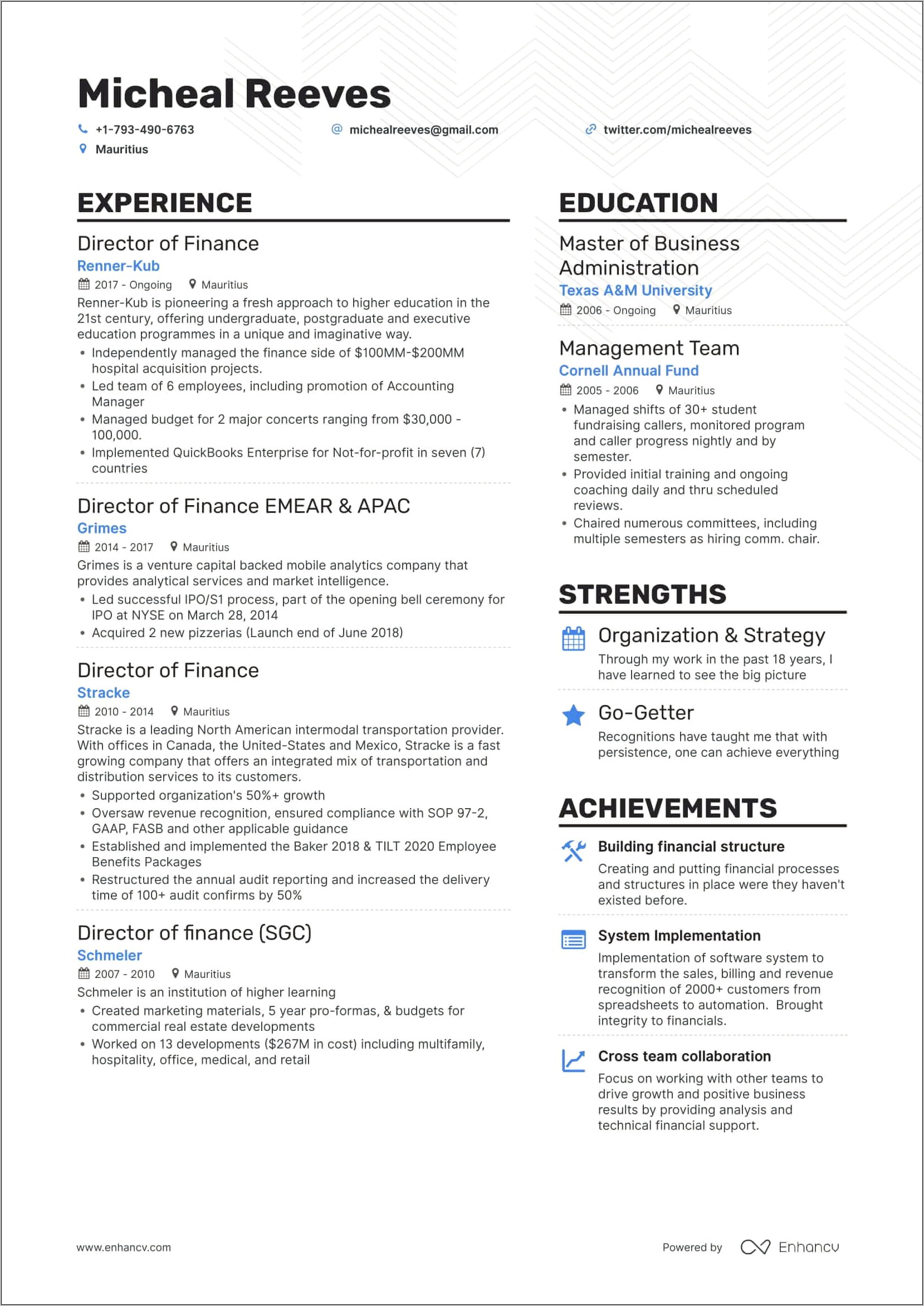 Masters In Business Administration Resume Summary