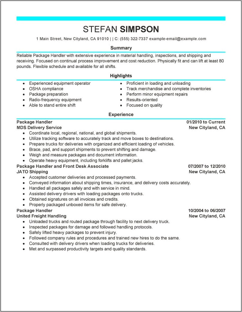 Material Handler Resume Job Description