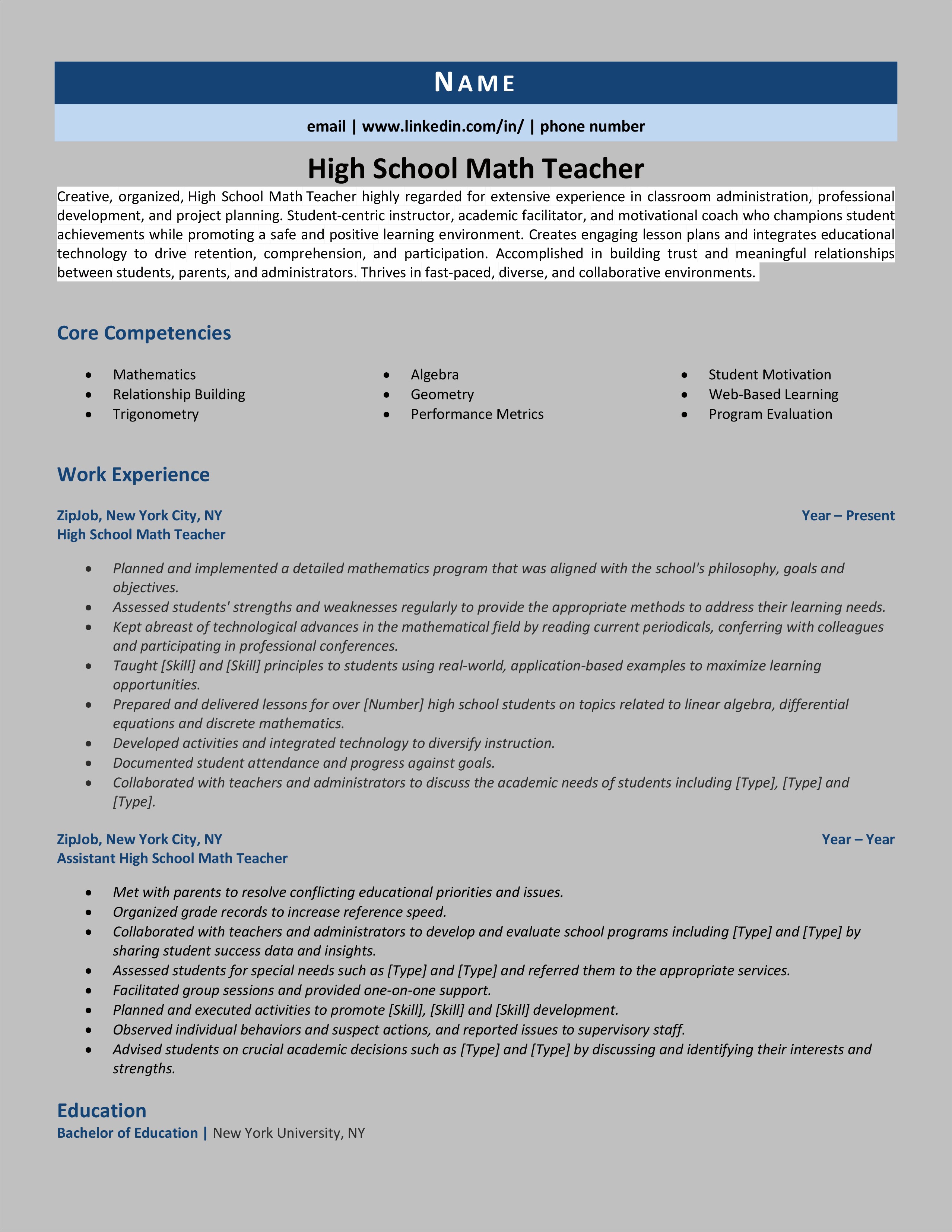 Math Teacher Resume Objective Private School