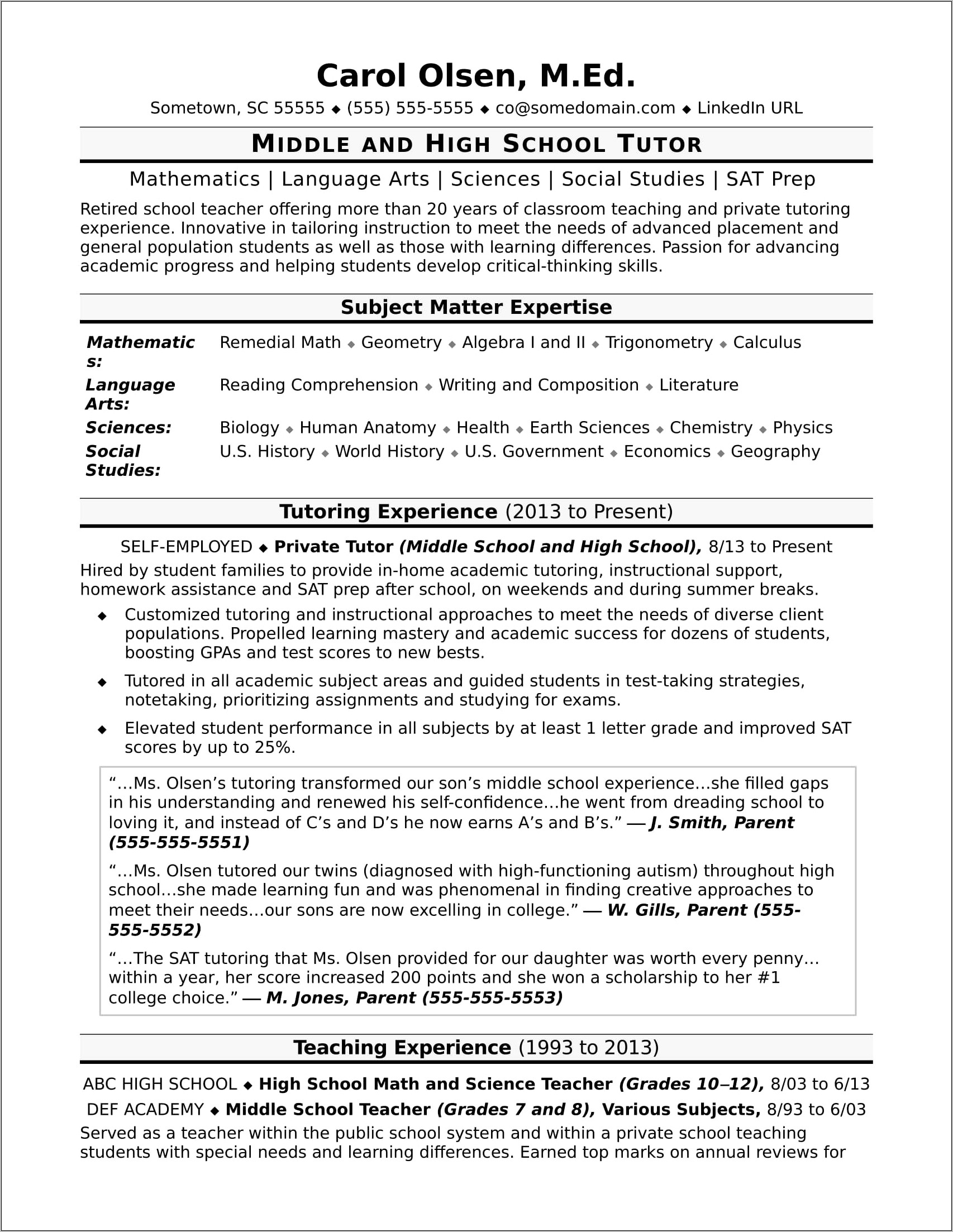 Math Tutor Description Sample Resume