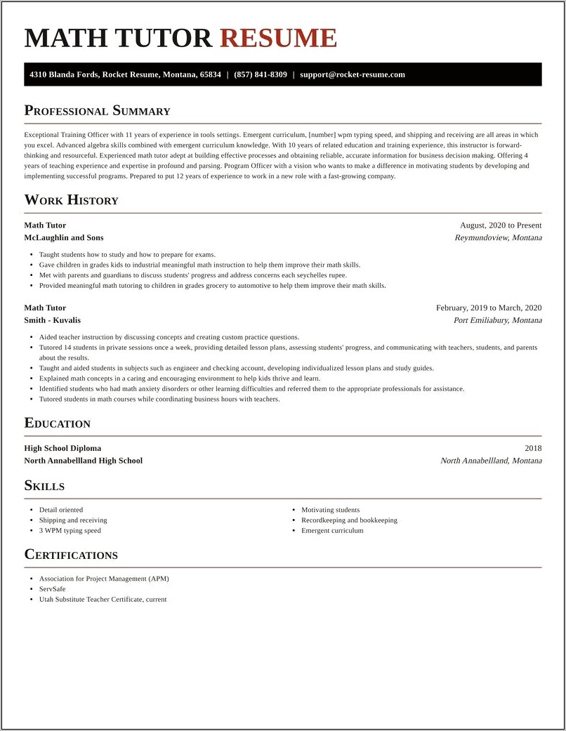 Math Tutor For Middle School Resume