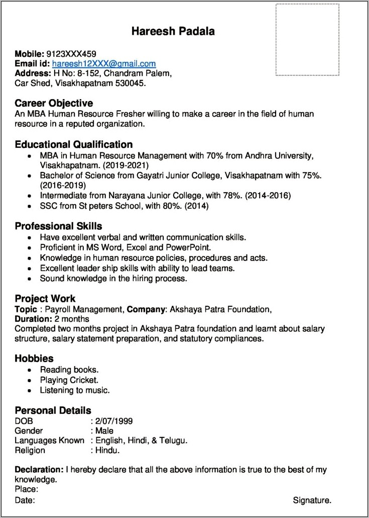 Mba Fresher Resume Format Download In Ms Word