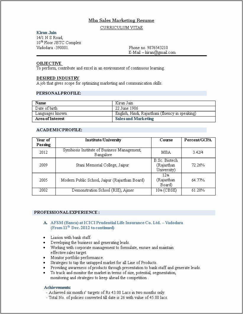 Mba Sales And Marketing Resume Sample
