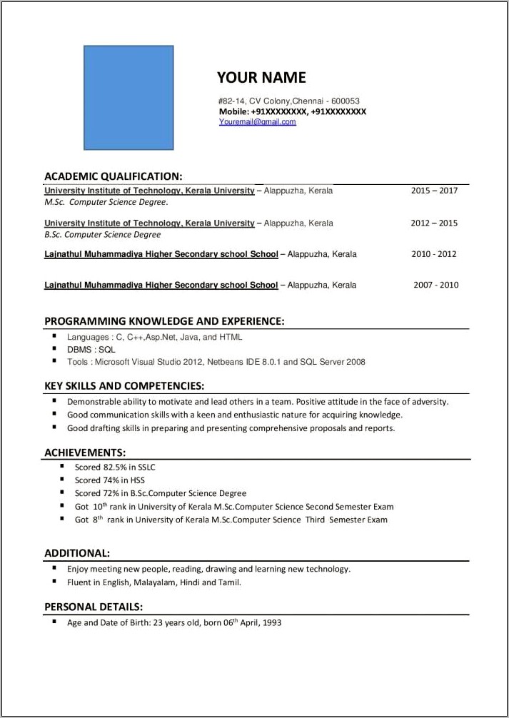Mca Fresher Resume Format Free Download