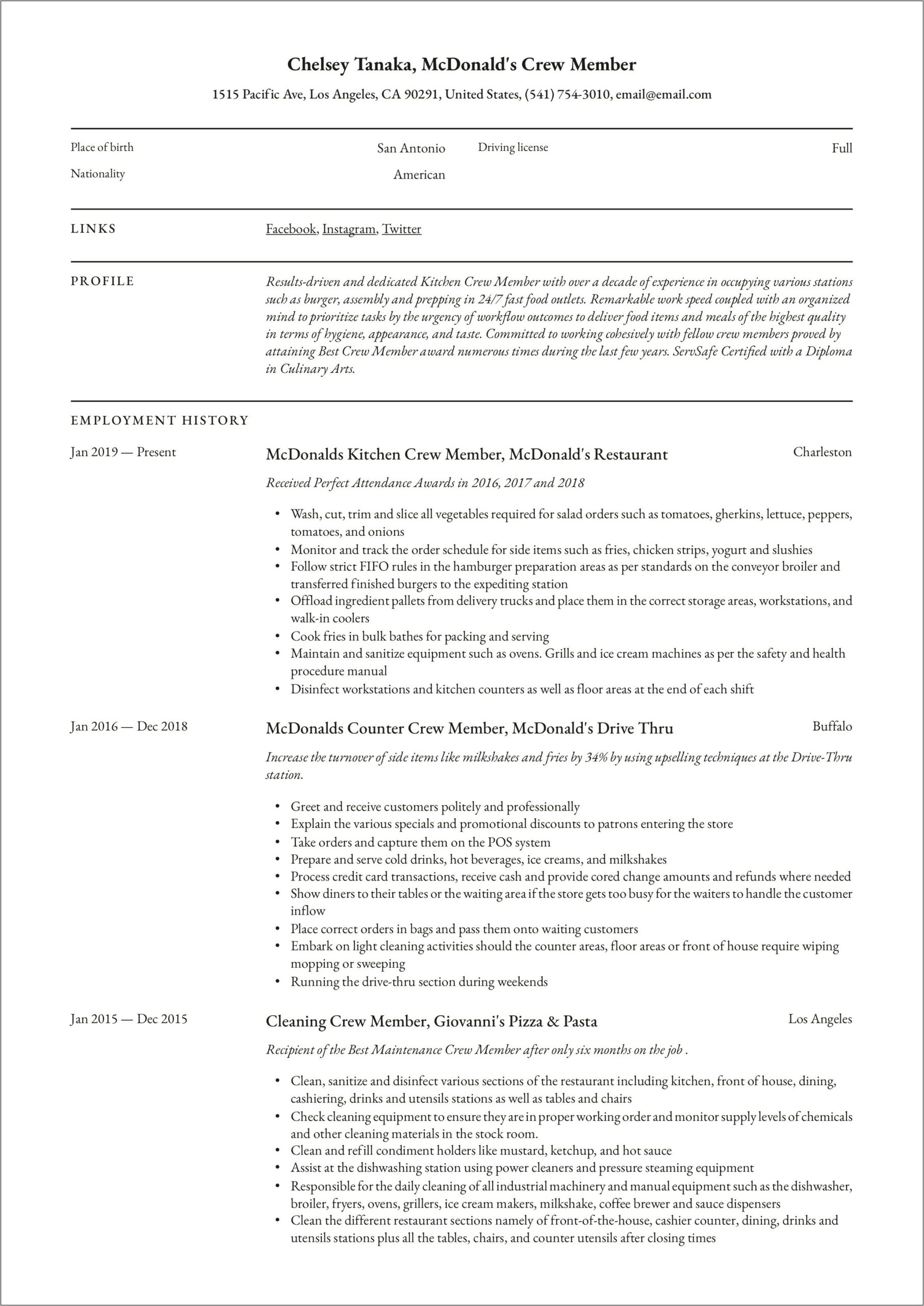Mcdonalds Cashier Job Description For Resume